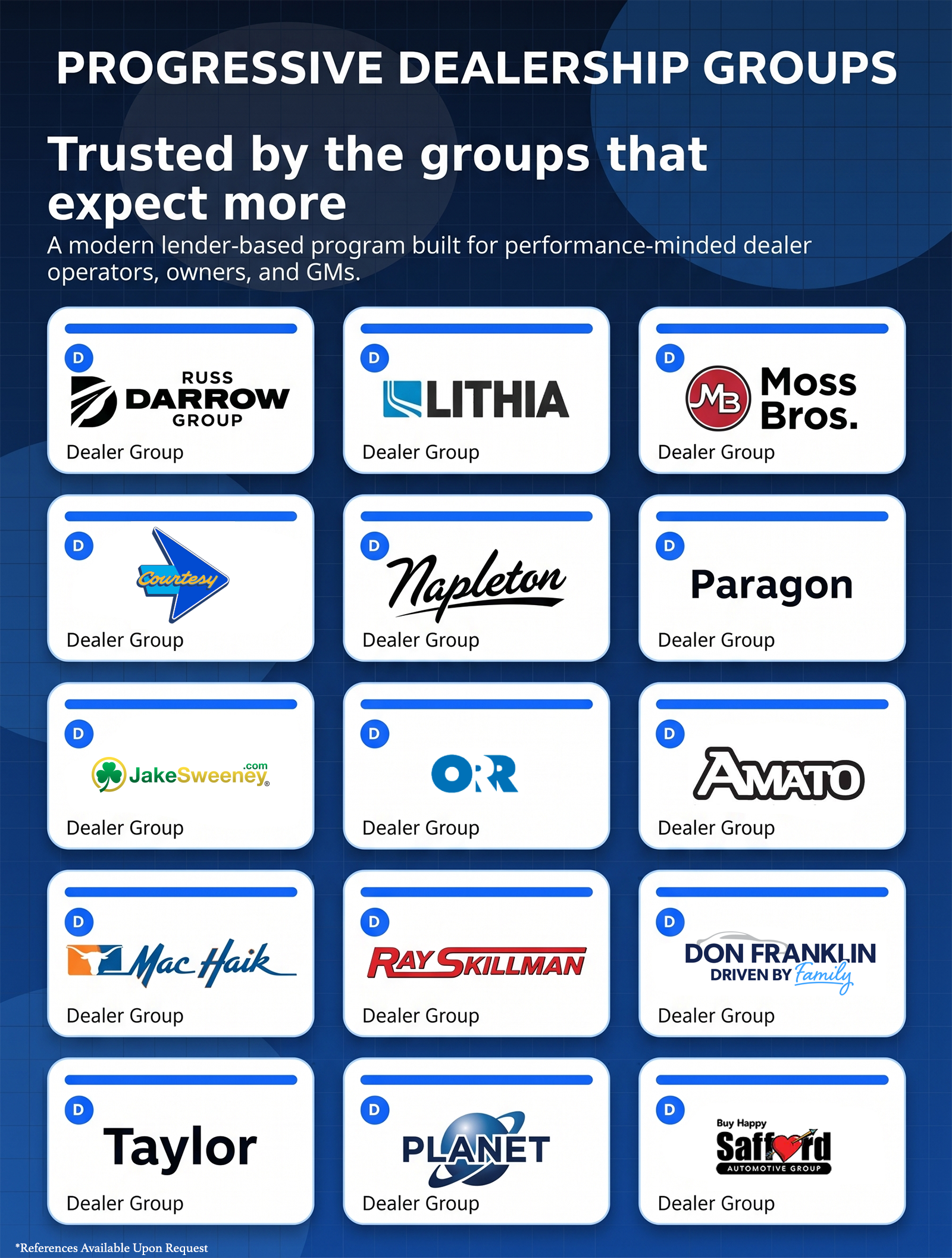 Progressive dealership groups that reflect the type of organizations aligned with DealerDriven.ai lender-based direct mail