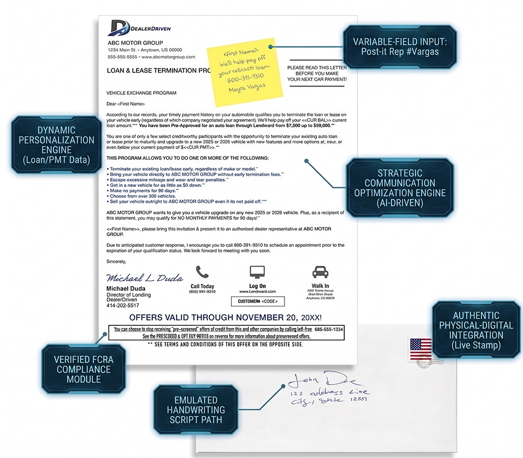 DealerDriven.ai handwritten mailer system with dynamic personalization, strategic communication optimization, compliance module, and physical digital integration