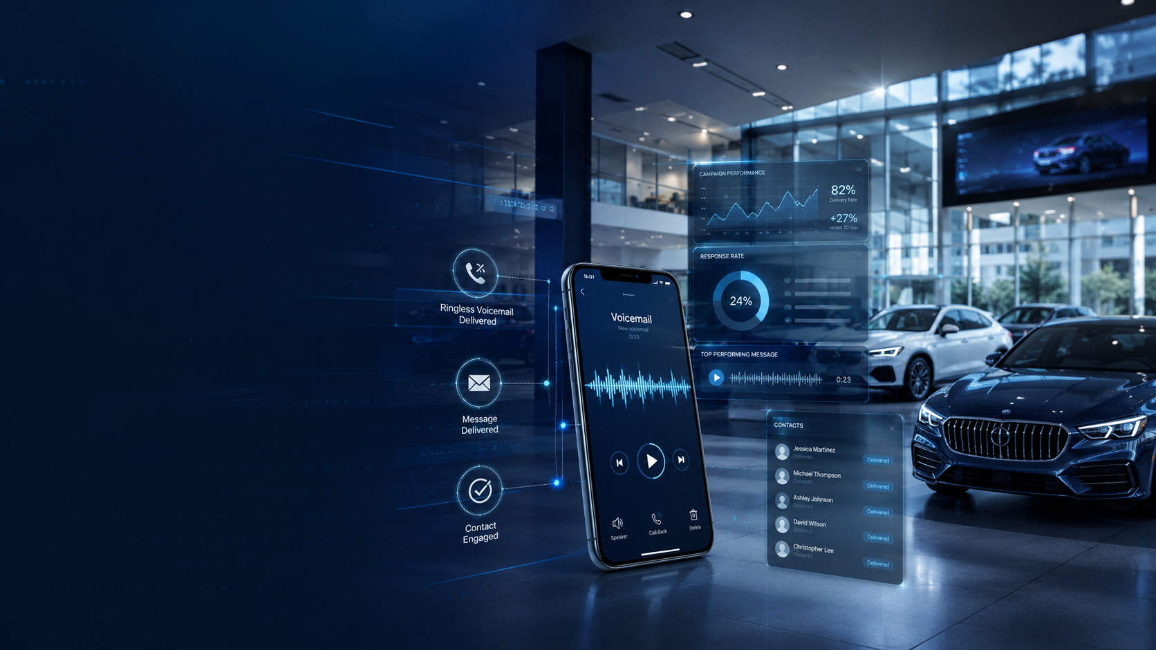 Technical ringless voicemail hero image inside a modern dealership showroom.